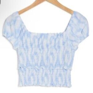 LUSH Blue and White Swirl Smocked‎ Short Sleeve Crop Top, Size XL, NWT